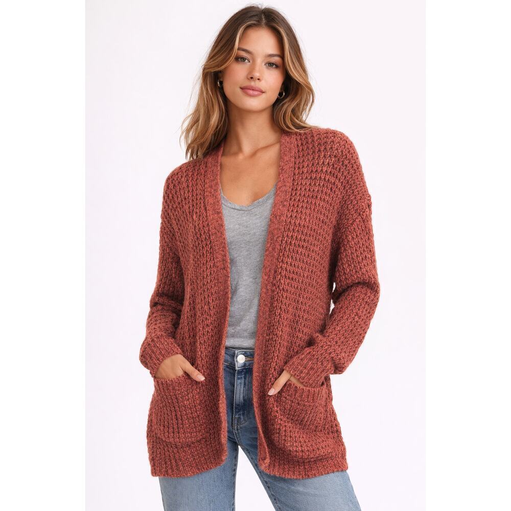 American Eagle Rust Chunky Knit Open Front Cardigan Sweater Size M Pockets
